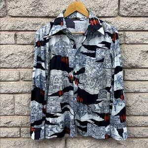 Oleg Cassini Blue and white Casual Button Down Shirt with Artistic Urban Design